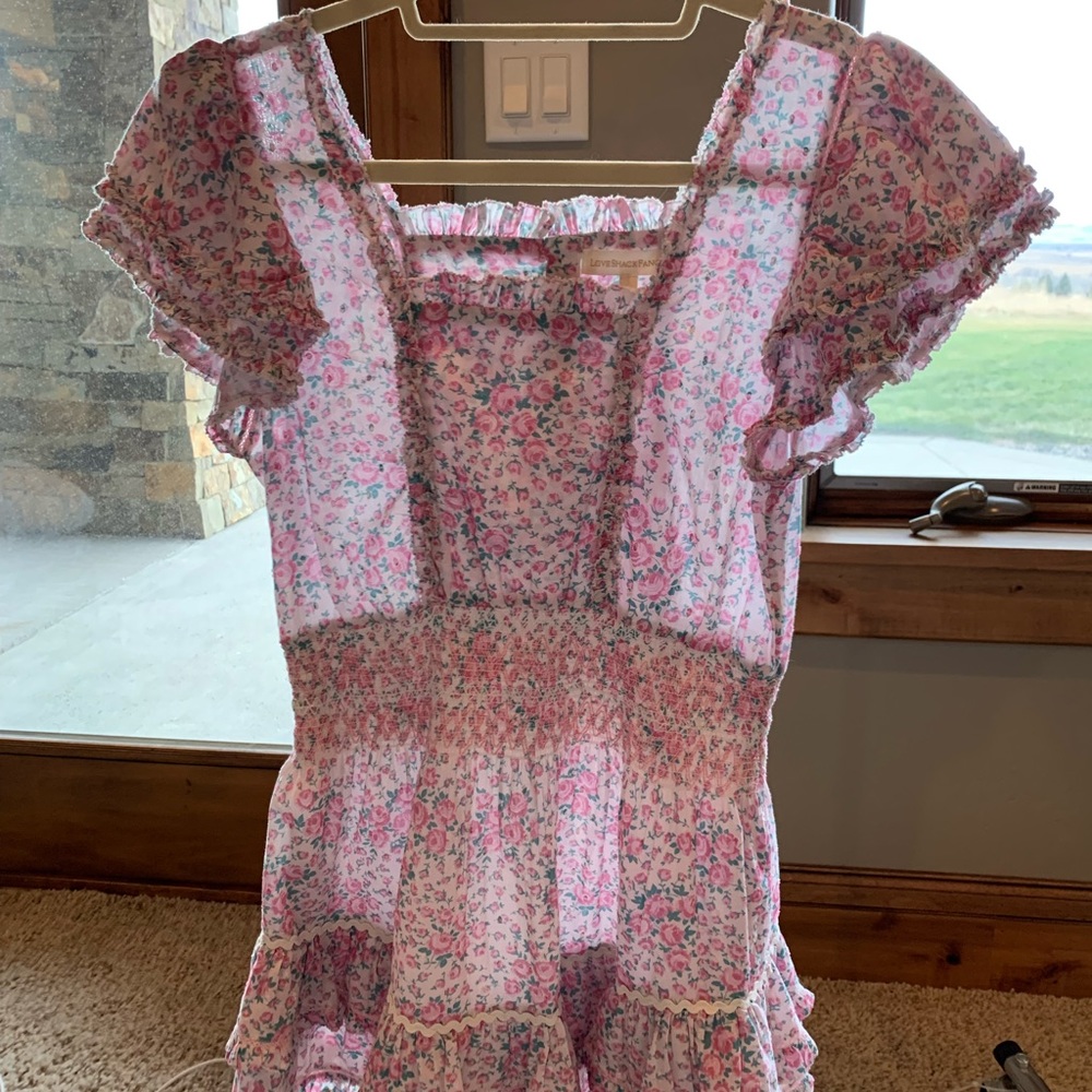 loveshackfancy stanton ruffle dress in pink floral candy XS